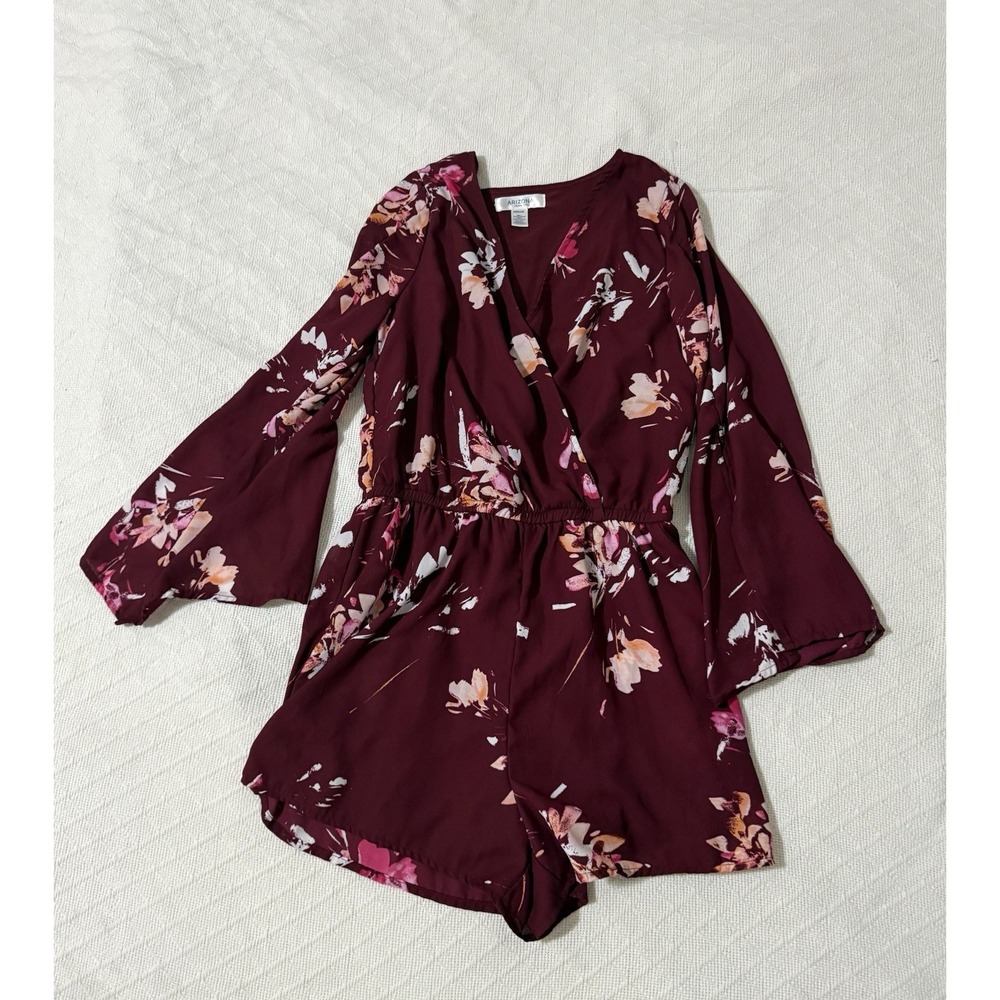 Arizona Jean Women Burgundy Floral 3/4 Sleeve Romper Outfit SZ M